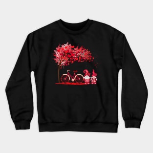 Red Hearts Tree With Bicycle And Gnome Valentine Crewneck Sweatshirt